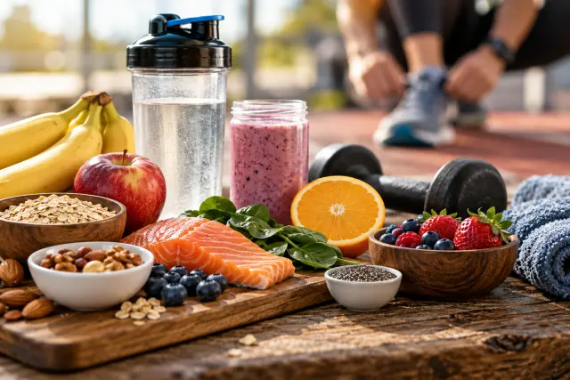 Sports nutrition illustration showing salmon, oats, bananas, nuts, berries, leafy greens, a fruit smoothie and a water bottle beside dumbbells and a towel, with an athlete tying running shoes in the background.