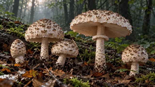 Illustrated mushrooms rising from forest litter, representing visible fungal fruiting bodies.