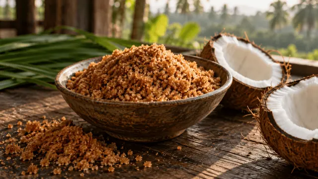 Editorial illustration of brown coconut sugar in a bowl with coconut halves