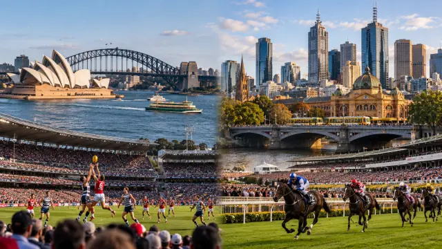 Split panoramic view of Sydney Harbour and Melbourne city landmarks above a rugby match and a horse racing event with spectators.