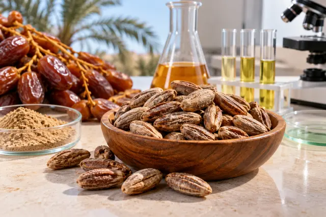 Date palm seeds beside laboratory glassware for antioxidant and antibacterial analysis.