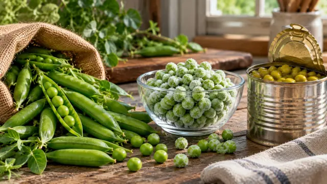 Fresh green pea pods, frozen peas in a glass bowl and canned peas in an open tin on a wooden table.