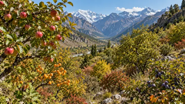 Illustrated branch bearing varied wild fruits against green Central Asian foothills.