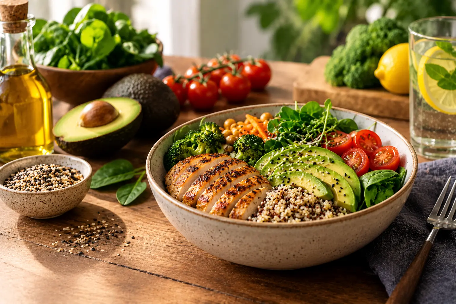 Bowl of grilled chicken, quinoa, avocado, tomatoes and greens with olive oil and lemon water