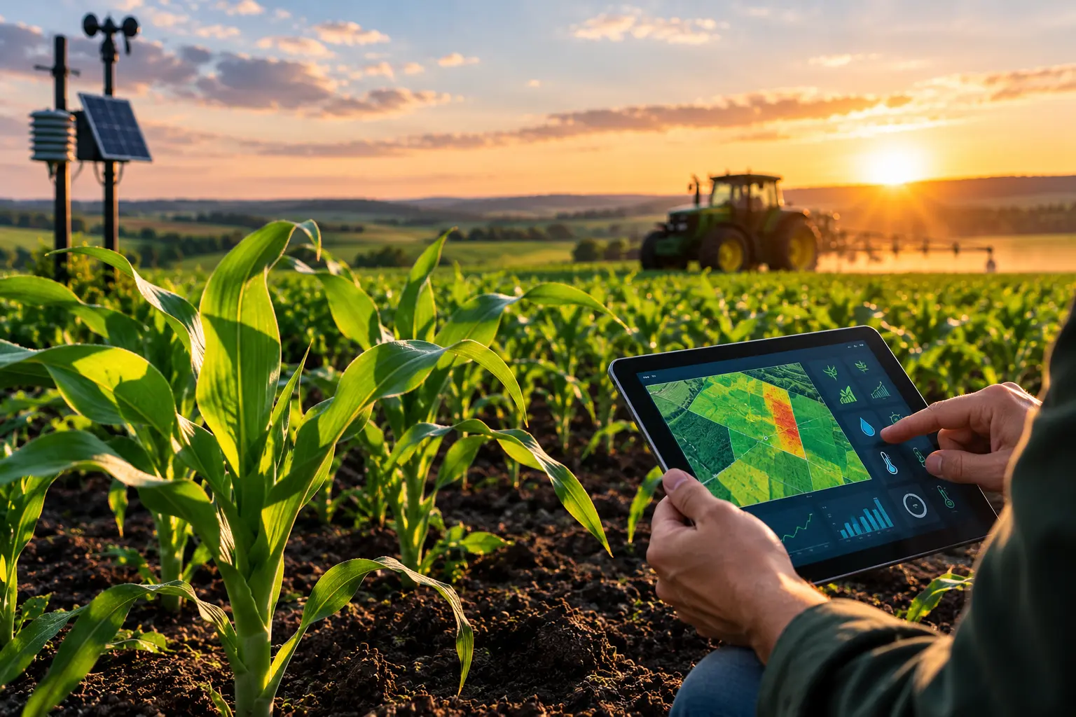Farmer checks a field map on a tablet among young maize plants as a tractor sprays at sunset