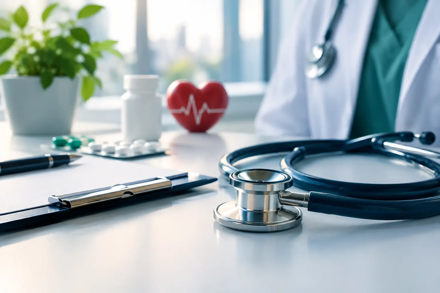 Stethoscope, clipboard, pills and a red heart with a pulse line on a doctor's desk